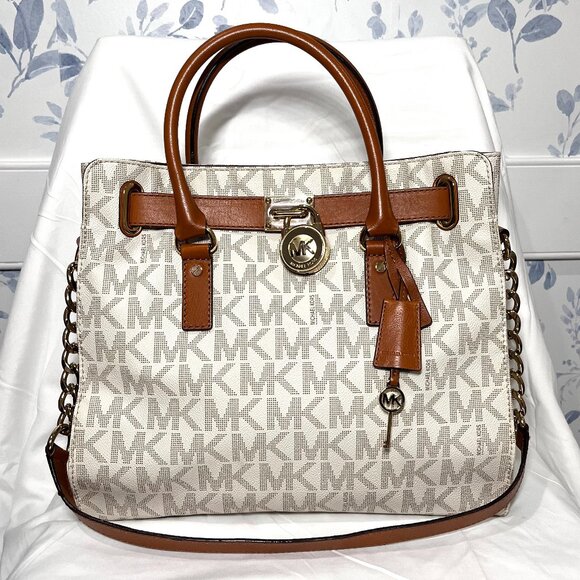 MICHAEL KORS Hamilton Large Saffiano Leather Logo Satchel - White Coated Canvas - Picture 1 of 15